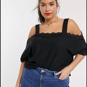 River island plus off the shoulder 
Cold Shoulder Lace Trim Top In Black 24